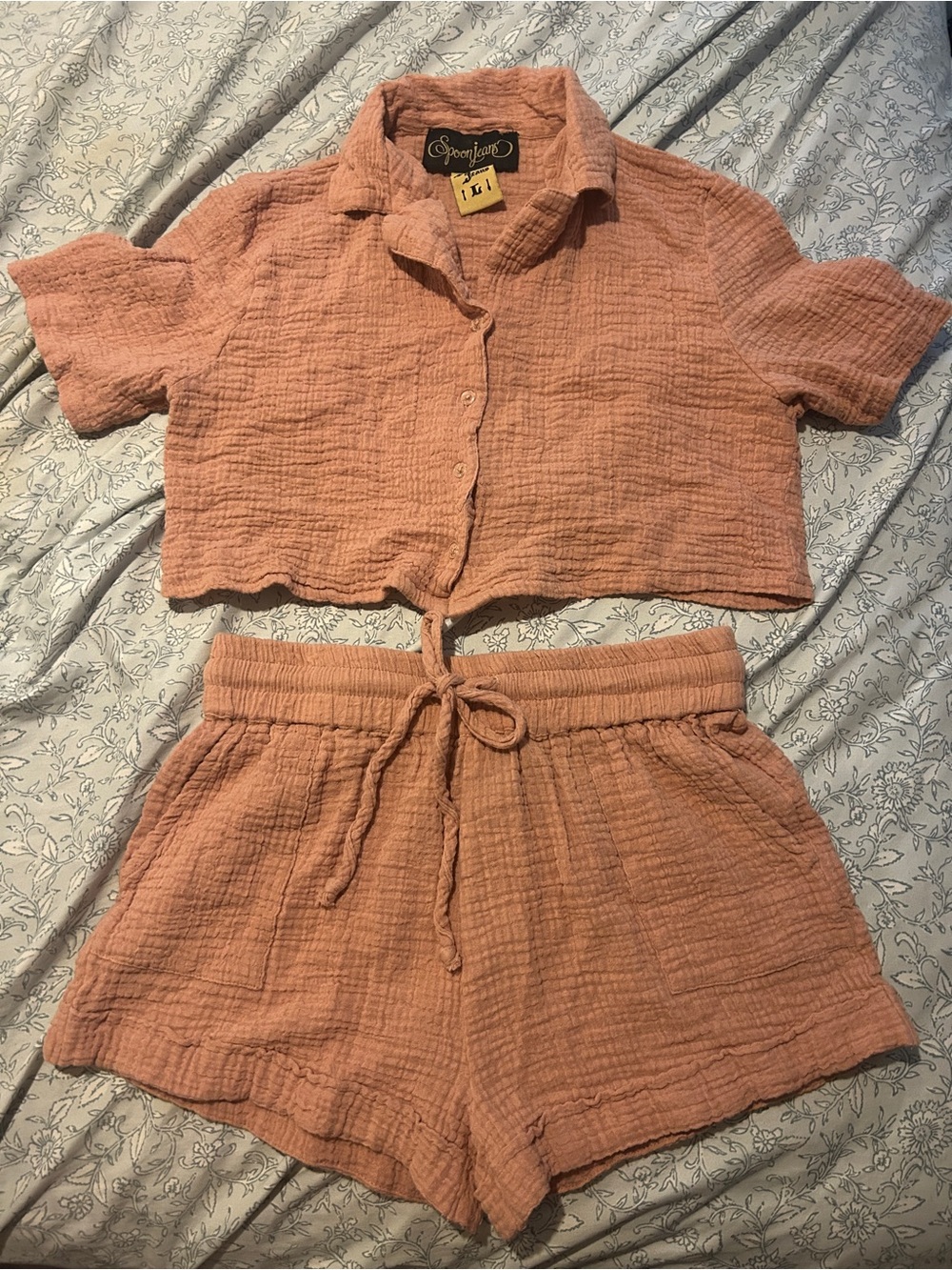 Open Front Button Crop Top & Drawstring Shorts Set - Pink